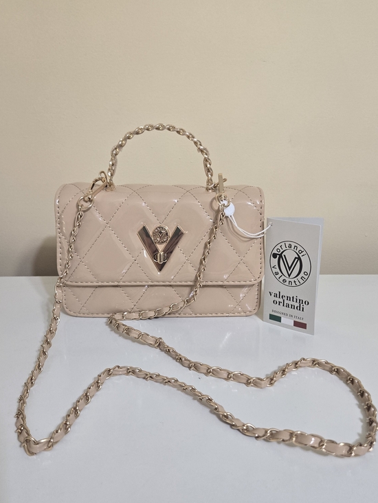 Valentino Orlandi Handbags - Valentino Orlandi Quilted Patent Vegan Leather Shoulder Bag in Nude